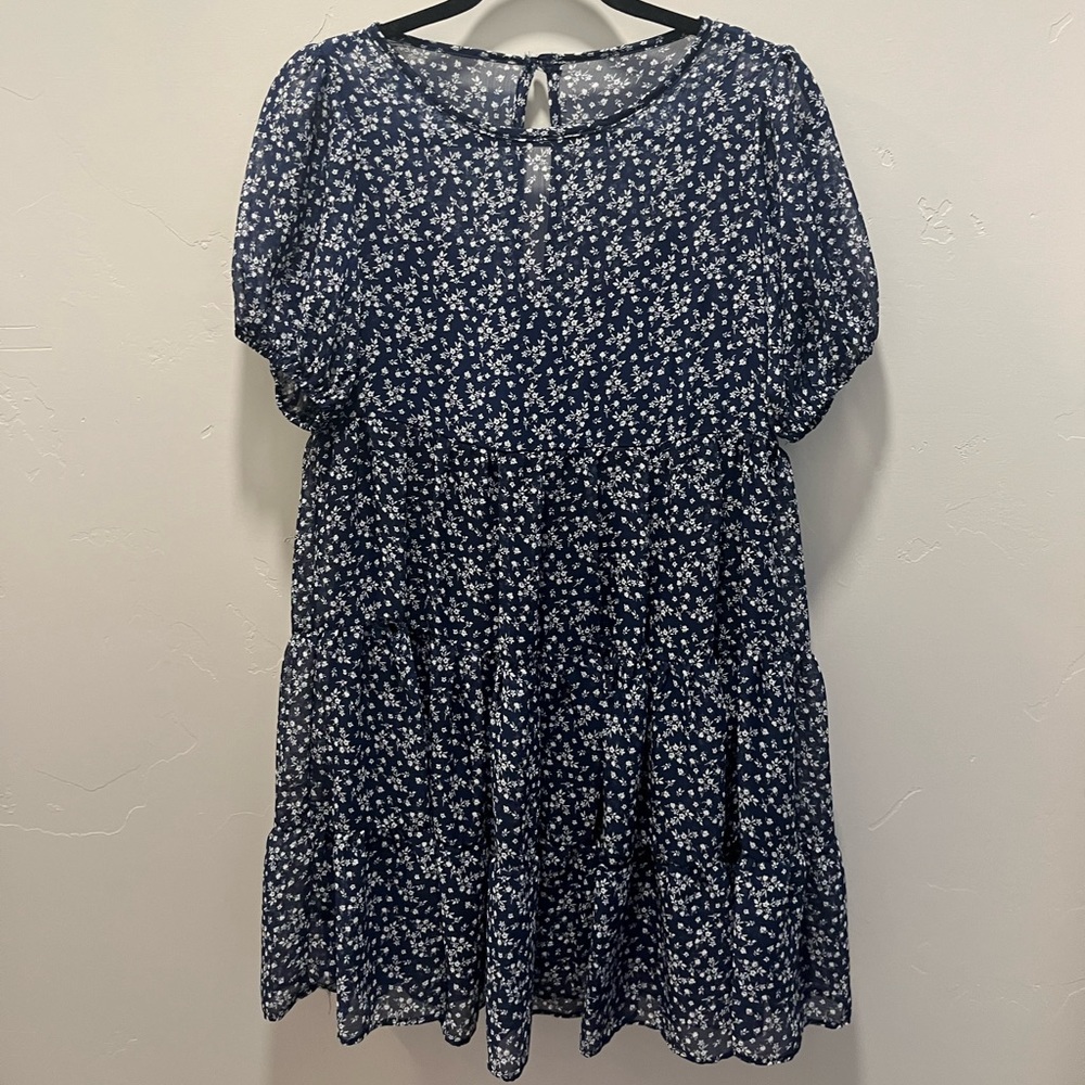 NAVY BLUE AND WHITE FLORAL DRESS WITH SLIP
